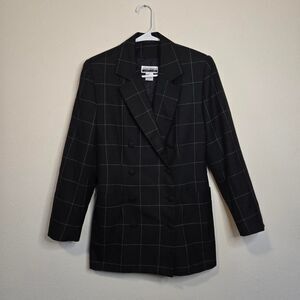 Vintage Y2K Black Plaid Button Front Stretch Pocket Relax Fit Blazer Jacket 3